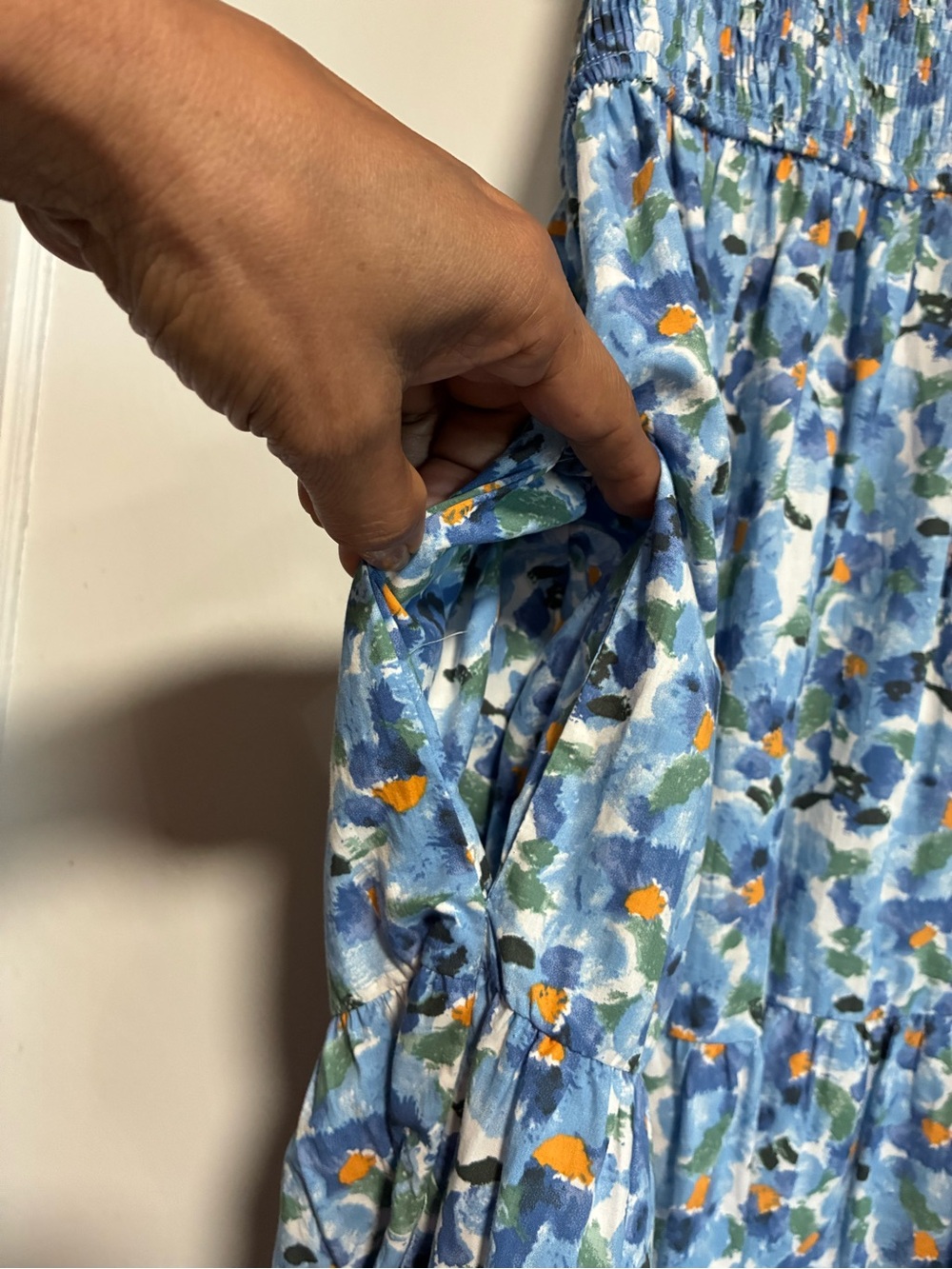 Jacqui E Blue Floral Smocked Midi Dress with Orange Accents - Picture 7 of 7